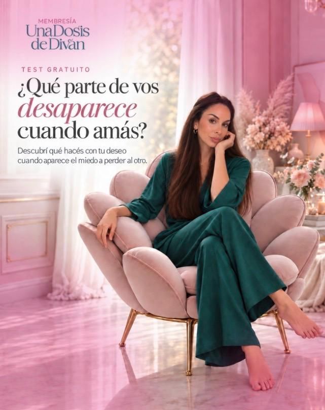 Laura Amicone sentada en un sillón rosa